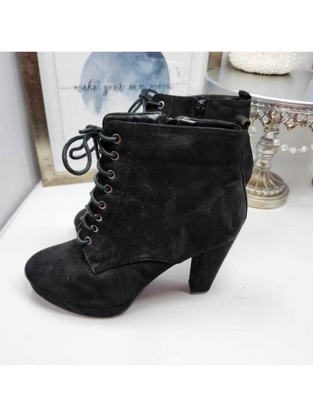 Black Suede Women's Lace-Up Ankle Boots with Block Heel 8.5